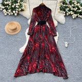 Fashionable Dress Women's French Nail Polish Brighten Embroidery V Collar Long Sleeve Leopard Print Elegant Long