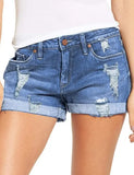 Elastic Holes Ripped Denim Shorts Woman-Outfit