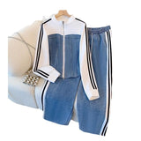 Zippered Cowboy Splicing Two Sets Of Spring And Autumn 2025 New Cowboy Splicing Long Sleeve Tops Wide Leg