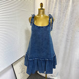 Hot Summer New Fashion Splicing Sling Strap A-Word Denim Dress