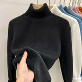 Velvet Turtleneck Pullovers Women Korean Fashion Lined Warm Sueter Knitted Slim Top Winter Jersey Knitwear Jumper