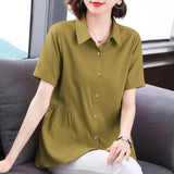 Women's Clothing Short Sleeve Shirt New Summer Loose Solid Color Blouse Lapel Button Shirring Fashion Elegant Office Lady Tops-Outfit
