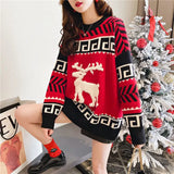 Autumn Winter Red Christmas Sweater Women's Deer Loose plus Size Fashion round Neck Pullover Long Sleeve Knitted Coat Women