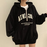 Vintage Letter Print Pullover Zipper Hoodie-Outfit