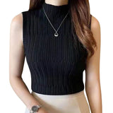 Women Ribbed Halter Tank Crop Tops Summer Spring 2023 Base T-shirt Harajuku Adults Sleeveless Solid Color Round Neck Knit Tops-Outfit