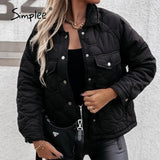 Simplee Office pocket geometric printed women parka winter Loose lapel fashion coat white black Casual button lady quilted
