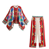 Women's Clothing Positioning Printed Bat Sleeve Loose Shirt + High Waist Loose Straight Through The Casual Pants Women's