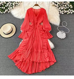 Fairy Seaside Holiday Chiffon Dress Female Lotus Lace V Collar Temperament Folded Waist Thin Swing