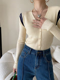 Women's Colorblock Hollow Out Slim Fitting Knitted Cardigan V Neck