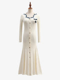 Knitted Ruffles Long Dress Women Solid Full Sleeve V Neck Slim Fit High Waist Sweaters A Line Dresses Autumn Winter-Outfit