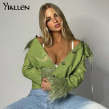 Yiallen Solid New Hipster Coat Women Patchwork Faux PU Leather Feathers High Street Style Hipster Long Sleeve Hot