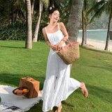 French Embroidery Hollow Out Fish Bone Perspective Sling Flounce Waist Show Thin Holiday Wind Beach Dress Summer-Outfit