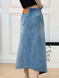 Casual Denim Skirt For Women High Waist Split Thigh Solid Minimalist Midi Skirts Female Summer Clothing Fashion