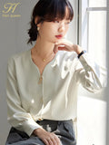 Han Queen New Arrival Autumn V-Neck Shirt Womens Blouses Vintage Work Casual Tops Chiffon Blouse Elegant Loose Shirts Female-Outfit