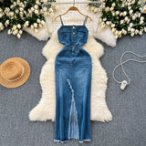 Port Style Vintage Denim Dress Design With A Long Sling Dress In The