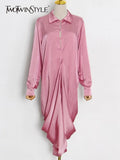 Casual Solid Dress For Women Lapel Collar Long Sleeve Fold Pleated Loose Dresses Female 2022 Clothing Fashion