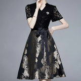 French Hepburn Style Short-Sleeved V-Neck Lace To Receive Waist-Skinny Long A-Character Floral Dress