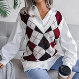 Style Casual Vest Sweater Autumn Winter V-neck Loose Argyle Fashion Knit Tops Vest Women Loose Vintage Sweaters