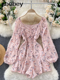 Floral Jumpsuit Women Ruched V Neck Puff Sleeve Office Rompers Autumn Boho Print Holiday Wide Leg Short