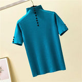 2022 Summer Vogue Knitted Button T Shirt Women Turtleneck Short Sleeve Slim Solid Tee Shirt Femme Ladies Pullover