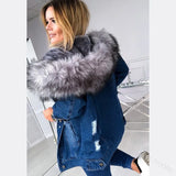 Hooded Big Hair Collar Denim Jacket Fashion Casual Warm Medium Long Hole To Do The Old Coat