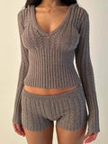 Women's Vintage Knit 2Pieces Set Long Sleeve Hooded V-Neck Pullovers Sweater+ Low Waist Shorts Aesthetic Outfits Suit-Outfit