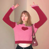 Pastel Gothic Color Match Sweaters Women's Harajuku Kwaii Pink Wide Ribs Pullovers Heart Print Slim Streetwear