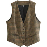 New Women's Retro V-Neck Sleeveless Single-Creed Short Bump Color Thousand Birdge Vest