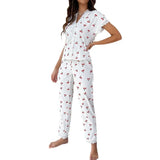 Gly Women's Pajamas Autumn And Winter Sexy V-Neck Lace Cherries Printed T-Shirts Trousers