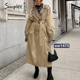 Simplee Causal light tan autumn women trench coat Split joint elegant long sleeve coat Plaid long coat with belt