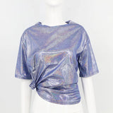 Toloer Ebay Summer Korean Version Loose Shiny Reflective Short-Sleeved T-Shirt Women-Outfit