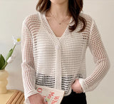 Korean Summer New Design Feel Hollowed-Out Long-Sleeved Pure Desire Knitted Cardigan Sunscreen Dress Girl-Outfit