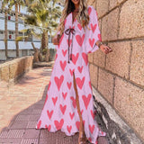 Autumn New Wish Sexy V-Tie Single-Breasted Floral Beach Dress-Outfit