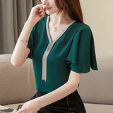 Toloer Shirt Women's Short Sleeve Shirt 8678 Spring / Summer New V Collar Fashion Chiffon Shirt Loose Joker Style Small Shirt-Outfit