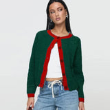 Contrast O-neck Single Breasted Long Sleeve Cardigan-Outfit