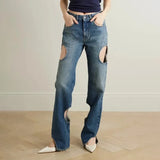 Toloer Casual Advanced Sense Straight Pants Spring 2024 New High Waist Hollow Design Sense Of Women's Jeans-Outfit