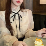 Elegant Shirts Women French Style Bow Stand Collar Long Sleeve Ruffles Spring Summer Office Lady Blouse Fashion Tops-Outfit