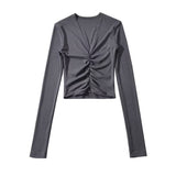 Fashion Women's Fashion Spring New Sexy Spice Girl Slim And Thin T-Shirt With V-Collar Pleated Long Sleeves-Outfit