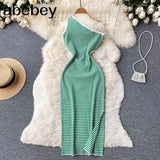 Summer Knitted Dress Women Skew Collar Elastic Waist Design Slim Sundress Female Party Sexy Bodycon