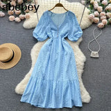 Summer White/Green/Pink New Lace Embroidery Dress Women Puff Sleeve Dresses Female Vintage Party Beach Maxi Long
