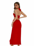 Red Flower Ruffles Halter Maxi Dress-Outfit