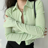 2021 Autumn Vintage Plaid Shirt Women Slim Cardigan Crop Top Long Sleeve Korean Style Fashion Green Blouses