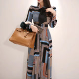 Print Long Dress Women Elegant Single-breasted A-line Female Dresses Slim Waist Swing Ankle-length Vestidos femme