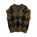 Vintage V Neck Rhombic Lattice Casual Knitting Vest Sweater Ladies Chic Waistcoat Pullovers Retro Jumper Tops 1028-0-Outfit