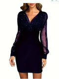 Toloer Women's New Mesh Patchwork Sexy Vintage Elegant V-Neck Party Club Dress-Outfit