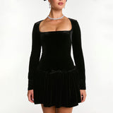And Winter New Women's High-End Velvet Velvet Long-Sleeved Leaf-Side Dress