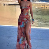 Summer New Women's Color Fashion Hanging Neck Sexy Perspective Back Repair Body Hip Dress Dress