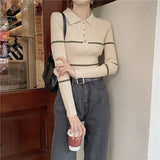 2021 Autumn Kint Sweater Women Sweet Single-breasted POLO Collar Short-Sleeved Knitted Blouse Short