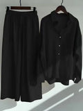 Linen Shirts Wide Leg Elastic Waist Pants Women Casual Sets Elegant Loose Long Sleeve Lapel 2023 Autumn Shirt Y2k Suit-Outfit