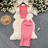 Kong Style Retro Hottie Suit Women's Summer Short Vest Top With High Waist Half Skirt Knit Two